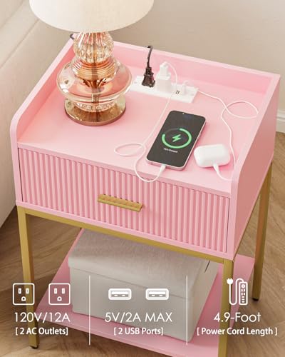 Nightstand with Charging Station, 3-Tier Bed Side Table, Small End Table, Night Stand with Open Shelf and Drawer, Bedside Table for Bedroom, Living Room, Pink - color: Pink, style: With Charging Station