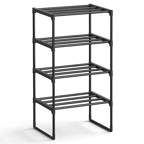 SONGMICS Shoe Rack, 4-Tier Shoe Organizer, Metal Storage Shelf, Upright or Upside Down, for 5-10 Pairs, Stackable, for Entryway, 11.8 x 16.7 x 28.2 Inches, Black ULSA004B01 - color: Black, size: 4 Tiers (16.7"W)