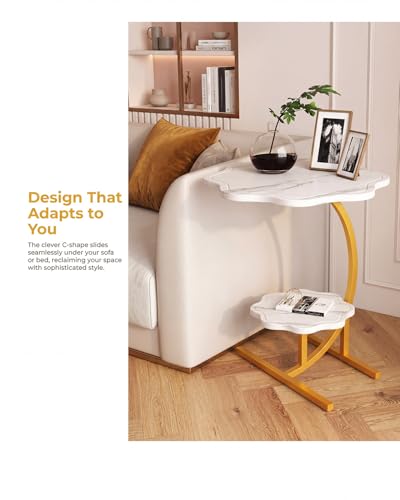 2 Layers Flower Shape Marble Texture Small C-Shaped Side Table,Snack Side Table, End Table for Sofa SideTable,Bedside Table for Living Room Kitchen Garden Bedroom - color: White+gold