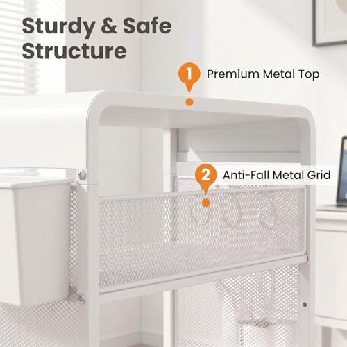 ECOLOVI 3 Tier Printer Stand for Under Desk, Height Adjustable Shelf Small Printer Table with 3 S-Hooks & Basket, Heavy Duty Industrial Storage Shelf for Home Office (White Metal) - color: White