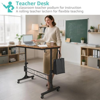 Small Portable Rolling Standing Desk - 32 Inch Adjustable Height Mobile Stand Up Desks with Wheels for Treadmill Walking Pad, Teacher Podium for Classroom, Couch Sofa Side Laptop Table, Rustic Brown - color: Brown