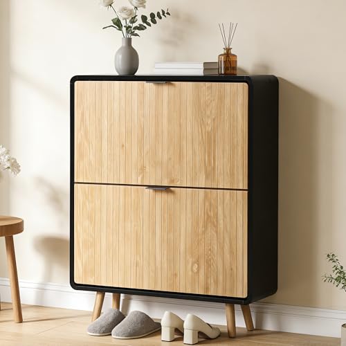 FurSch Fluted Shoe Storage Cabinet with 2 Flip Drawers, Narrow Shoe Rack Cabinet Organizer with Adjustable & Removable Shelves for Entryway (Natural and Black, 2 Drawers) - color: Natural and Black, size: 2 Drawers