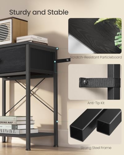 SONGMICS Bedside Table with Drawer, Nightstand with Lower Shelf | Side End Table for Bedroom, Living Room, Ebony Black, BELLAH Collection, ULGS101B201S - color: Bony Black, style: 1 Drawer-1Pc