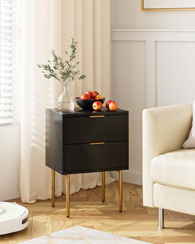 Nightstand,Small Bedside Table with Gold Frame,Black Night Stand,Bedside Furniture,Side Table with 2Drawers for Bedroom,Living Room - color: Black., style: 2Drawers