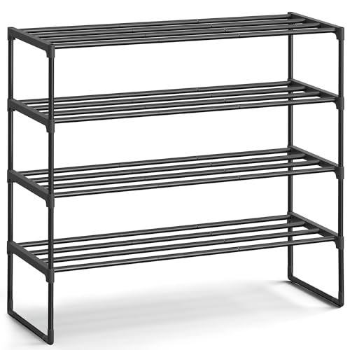 SONGMICS Shoe Rack, 4-Tier Shoe Organizer, Metal Storage Shelf, Upright or Upside Down, for 20-25 Pairs, Stackable, for Entryway, 11.8 x 36.2 x 29.1 Inches, Black ULSA14BK - color: Black, size: 4 Tiers (36.2"W)