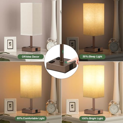 Brown Touch Lamps Set of 2 for Bedroom - Dimmable, USB C+A, 2 AC Outlets | 3-Way Dimming, 3000K LED Bulbs Included, Square Beige Lampshade Brown Base, Small Bedside Lamp for Nightstand, Desk, Dorm - color: Brown