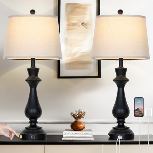 Touch Lamps for Night Stands Set of 2-29.5" Tall Bedside Lamp with USB C+A, 3 Way Dimmable Bedroom Lamps, Black Metal Table Lamps for Living Room - color: Black