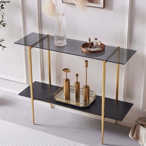LumFurn Glass Console Table for Living Room, Foyer & Entrance, 2-Tiers Mid-Century Modern Sofa Table with Grey Glass Top, Black Marble Finish Wood Shelf and Gold Finish Frame - color: Grey & Black Marble, size: L41" Sofa Table