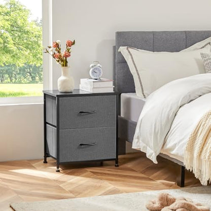 Grey Nightstand with Two Drawer Side Tables Living Room 2 Drawer Dresser Bedroom End Bedside Table Cabinet with Storage Night Stand, Wooden Top Metal Frame Handle, 20'' Tall