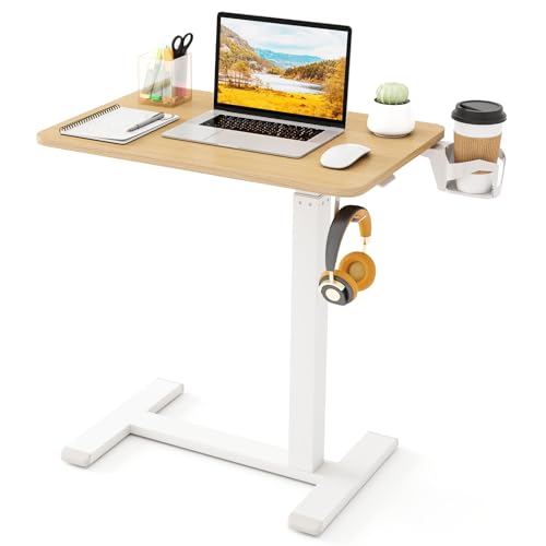 Tangkula Mobile Standing Desk, Pneumatic Height Adjustable Rolling Desk with Cup Holder & Headphone Hook, Overbed Table with Hidden Wheels, Laptop Computer Cart for Couch, Home, Office (Natural) - color: Natural