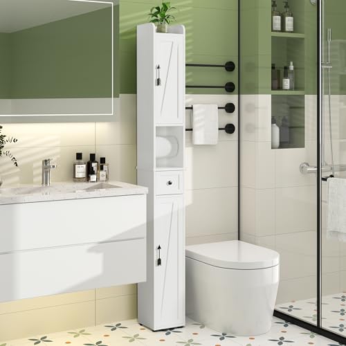 VECELO Narrow Bathroom Storage Cabinet with Adjustable Shelves, 67" Tall Freestanding Cabinet with Toilet Paper Holder, Slim Tower Cabinet with Two Magnetic Doors & Drawer, for Small Spaces, White - color: Cabin Top