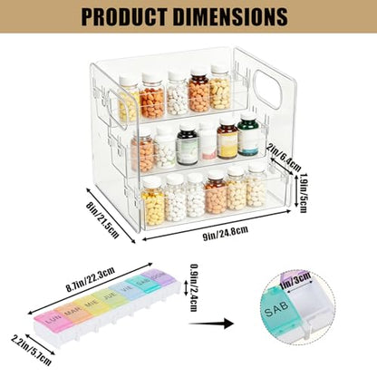 3-Tier Vitamin Storage Organizer with 7-Day Pill Box, Holder for Vitamin Bottles & Medicine Bottle,Supplement Rack for Cabinet Countertop Bathroom Kitchen Pantry, Includes Weekly Pill Organizer