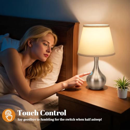 Seealle Touch Table Lamp for Bedroom, 3-Way Dimmable Small Bedside Lamps for Night Stands with Wires, Silver Desk Lamp for Kids Room, Office, Living Room, End Table(LED Bulb Included) - color: G. White Shade & Silver Base