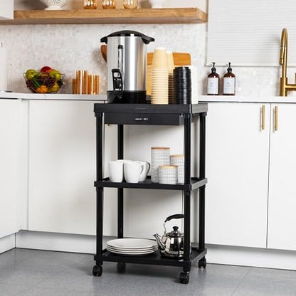 Mind Reader Bar Cart, Rolling, Utility Cart, 3-Tier, Coffee Cart, Bathroom, Kitchen, Plastic, 20"L x 15"W x 34.5"H, Black