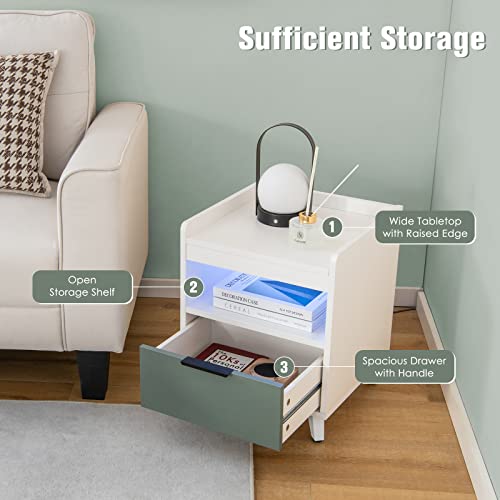 GOFLAME LED Nightstand Set of 2, 3-Tier Sofa Side Table with Drawer & Open Shelf, Remote Control, Aluminum Alloy Leg, Modern End Table for Bedroom, Guest Room, White