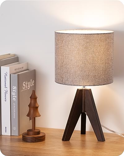 EDISHINE Boho Small Table Lamp, Walnut Color Wooden Tripod Bedside Lamp, Farmhouse Nightstand Lamp for Nursery, Bedroom, Office, Kid Room, Living Room, Grey Linen Lampshade, E26 Socket, 14.2 Inch - color: Walnut Wood Color &Grey Shade