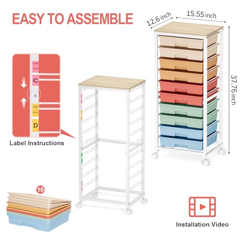 SYKIARIOL Rolling Cart with Drawers,10 Drawer Rolling Cart,Storage Cart with Wheels,Utility Cart with Drawers,Teacher Cart for Classroom Storage,Craft Cart with Wheels and Wooden Tabletop,Rainbow - color: rainbow