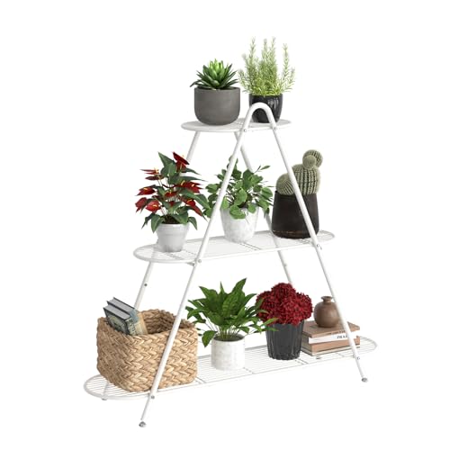 Plant Stand for Patio, 3-Tier Metal Plant Shelf–Indoor/Outdoor Display Rack for Multiple Pots, Heavy Duty Plants, Garden Flower Organizer (White) - color: White