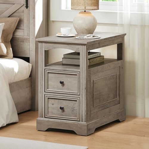 Farmhouse End Table with 2 Drawers, Narrow Sofa Side Table with Storage and Open Shelf, Wooden Nightstand for Small Spaces, Bedroom, Living Room, Greige - color: Greige
