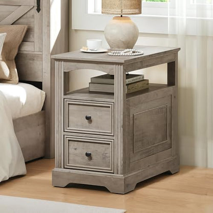 Farmhouse End Table with 2 Drawers, Narrow Sofa Side Table with Storage and Open Shelf, Wooden Nightstand for Small Spaces, Bedroom, Living Room, Greige - color: Greige