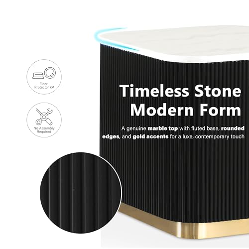 Furniture of America Beryl Modern Square White Genuine Marble Top End Table with Fluted Pedestal Base and Gold Stainless Steel Accent, Low Profile Table for Living Room, Home Office, Black - size: End Table, style: Square