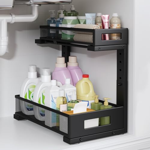 1 Pack-11.4"-16.14"H Under Sink Storage Organizer, Large 2-Tier Elegant Mesh Pull Out Shelf for Kitchen and Bathroom Cabinet Organization, L-Shaped and Adjustable Height Design for Maximum Space-Black - color: Black, size: 1 Pack-15.74"Dx11.4"-16.14"H