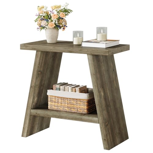 Solid Wood End Table for Living Room, Narrow Small Side Table with 2-Tier Storage, Farmhouse Bedside Nightstand for Bedroom, Small Places, Washed Brown (1PCS) - color: Washed Brown