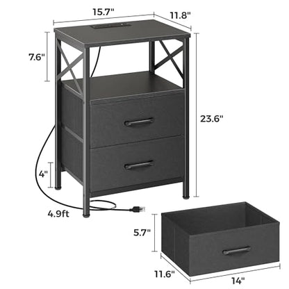 Huuger Nightstands Set of 2, Night Stand with Charger Station, 2 Drawer Side Table with Open Shelf, USB-C Port, End Table for Small Spaces, X Shaped Side Rail, Black - color: Black
