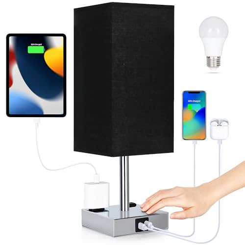 Bedside Lamp with USB Ports - Touch Control Table Lamp for Bedroom with USB C+A Charging Ports & AC Outlets, 3 Way Dimmable Nightstand Light for Living Room (Bulb Included, Black) - color: Chrome - Black