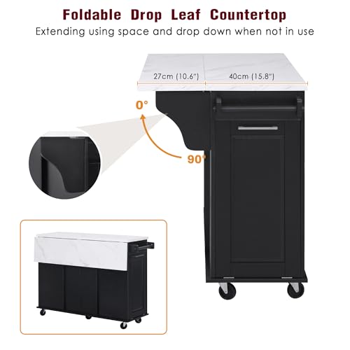 Kitchen Island with Trash Can Storage Cabinet and Faux Marble Top | Black, 50.7" Rolling Kitchen Cart on Wheels with Drop Leaf, Spice Rack, Towel Rack and Adjustable Shelf for Dining Room - color: Black