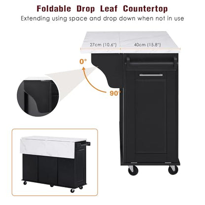 Kitchen Island with Trash Can Storage Cabinet and Faux Marble Top | Black, 50.7" Rolling Kitchen Cart on Wheels with Drop Leaf, Spice Rack, Towel Rack and Adjustable Shelf for Dining Room - color: Black