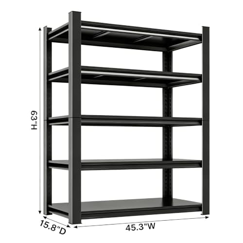 45" W Shelves for Garage Storage, 16" D Metal Garage Shelving Heavy Duty, 5 Shelf Adjustable Steel Standing Shelf Units for Basement, Industrial, Shop, Pantry, Warehouse, Kitchen, Black - size: 5 Tier 45.3" W x 15.8" D x 63" H
