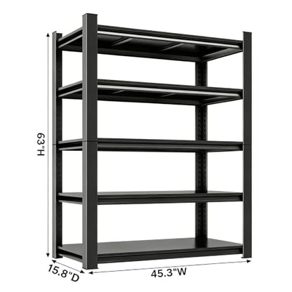 45" W Shelves for Garage Storage, 16" D Metal Garage Shelving Heavy Duty, 5 Shelf Adjustable Steel Standing Shelf Units for Basement, Industrial, Shop, Pantry, Warehouse, Kitchen, Black - size: 5 Tier 45.3" W x 15.8" D x 63" H