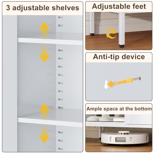 Metal Shoe Cabinet with 4-Tier & 3 Adjustable Shelves | 40” Tall White Freestanding Shoe Storage Organizer with Louvered Doors, Shoe Rack for Entryway, Hallway, Front Door