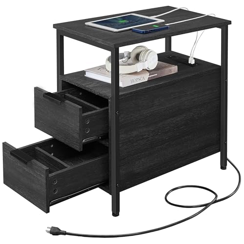 VASAGLE Side End Table with Charging Station, Slim Nightstand with 2 Drawers, Narrow Bedside Table for Living Room, Small Spaces, Charcoal Gray and Ink Black ULET321B22 - color: Charcoal Gray + Ink Black, size: 23.6"D x 13.8"W