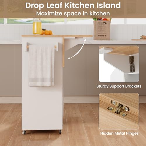 Giantex Rolling Kitchen Island Cart with Drop Leaf, Power Outlet, Spice Rack, 12 Wine Rack, Glass Holder, Drawer, Storage Cabinet, Towel Rack, Island Table for Breakfast Coffee Bar (White & Natural) - color: White & Natural