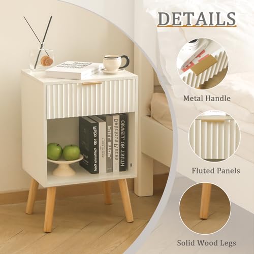 Fultyle White Nightstand, Modern Bedside Table with Drawer and Open Storage, Fluted End Side Table Living Room with Solid Wood Legs for Bedroom (White) - color: White