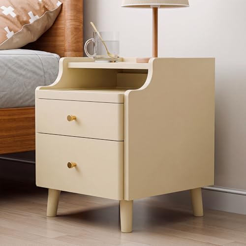 Nightstand Set of 2, Pre-Assembled, 19.7“H Solid Wood Night Stand with 2 Drawers, Open Sliding Shelf, Mid Century Modern Small Bedside Table for Bedroom, Cream 16" - color: Cream-2pack, size: 16"