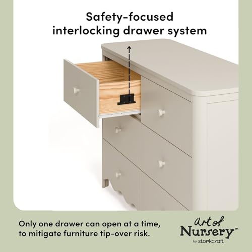 Storkcraft Casablanca 6 Drawer Dresser, Frosted Oat | GREENGUARD Gold Certified, White Dresser for Bedroom, Kids & Nursery Storage Chest, Safety Interlocking Drawers, Kids Bedroom - color: Frosted Oat, style: 6 Drawer Dresser