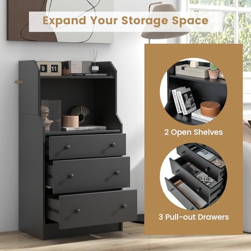 Moccha 3 Drawers Dresser with Shelf, Modern Dresser Tower with 2 Open Shelves, Chest of Drawers with Anti-toppling Device, Tall Storage Dresser Nightstand for Closet, Living Room, Black - color: Black