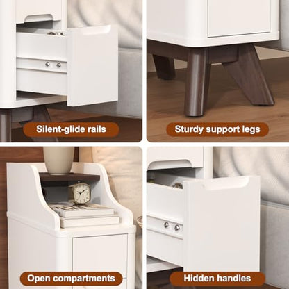 7.87"Narrow Side Table, Wood Small 2 Drawer Nightstand with Charger Station | Thin Couch Side End Table, Skinny Bedside Table Small Spaces, Mid Century Modern Night Stand with Drawers,White - color: White, size: Narrow (2 drawer)