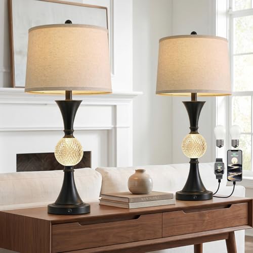 Oneach 28.5" Black Table Lamps Set of 2, Tall Luxury Bedside Lamps with Night Light, USB A+C Charging Ports, Elegant Metal Nightstand Lamps for Bedroom Office End Table Decoration - color: Matte Black
