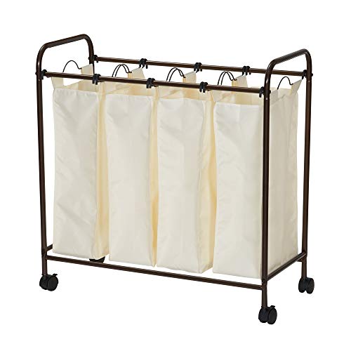 Household Essentials 7173 Rolling Quad Laundry Sorter with Removable Hamper Bags | Antique Bronze Frame - color: Natural/Bronze