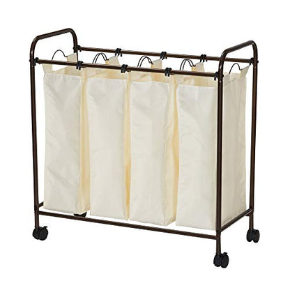 Household Essentials 7173 Rolling Quad Laundry Sorter with Removable Hamper Bags | Antique Bronze Frame - color: Natural/Bronze