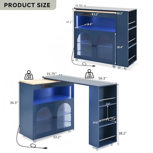 Rolling Kitchen Island with Extendable Swivel Table and Power Outlet, Kitchen Island on Wheels with Storage Cabinet, Fluted Glass Doors and Open Shelves for Small Spaces, Navy Blue - color: Navy Blue