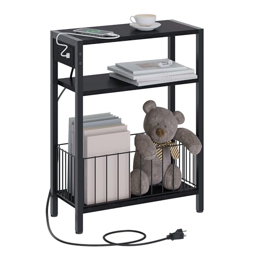 TRIFEBLE Narrow Side Table with Charging Station, Small End Table for Small Spaces, Slim Nightstand with Storage Basket, 3 Tier Skinny Bedside Table for Living Room, Bedroom, Black - color: Black, style: With Basket & Power