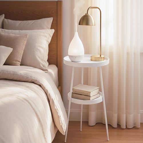 ShellKingdom Small Round Side Table, 2 Tier Metal End Table for Indoor Outdoor Bedroom Living Room Home Office Nightstand (White) - color: White
