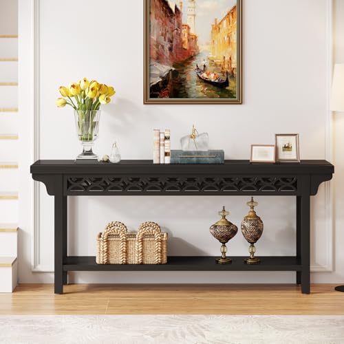 Tribesigns 70.8-Inch Solid Wood Long Console Table, Farmhouse Entryway Table with Storage, Narrow Sofa Table Grey Couch Table for Living Room Entryway Hallway (Black) - color: Black