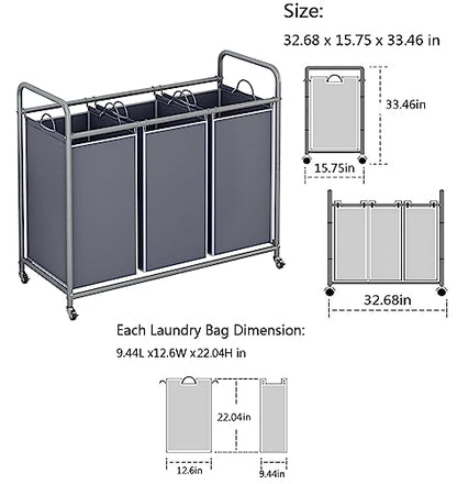 LINZINAR 3 Section Laundry Hamper, Grey Laundry Basket, 135L Laundry Sorter | Laundry Room Organization with Heavy Duty Rolling Lockable Wheels and Removable Bag, Bedroom Laundry Cart for Clothes Storage - size: 3 Bags Grey