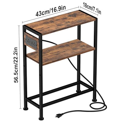Small Narrow Side Table with Charging Station, Skinny End Table for Small Spaces, Slim Nightstand with Outlets, Sofa Bedside Table in Living Room, Bedroom, Study, Kitchen and Balcony (Rustic Brown) - color: Rustic Brown